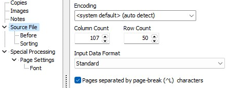 Print parameter properties dialog. Source file is selected from the tree on the left. On the right, select encoding from the drop down, set the column count and the row count in the numeric controls, and set pages to be separated by a page break (or not).